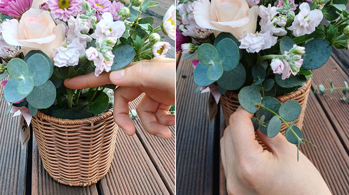 마지막으로 빈 공간에 그린소재, 유칼립투스를 꽂아 주세요